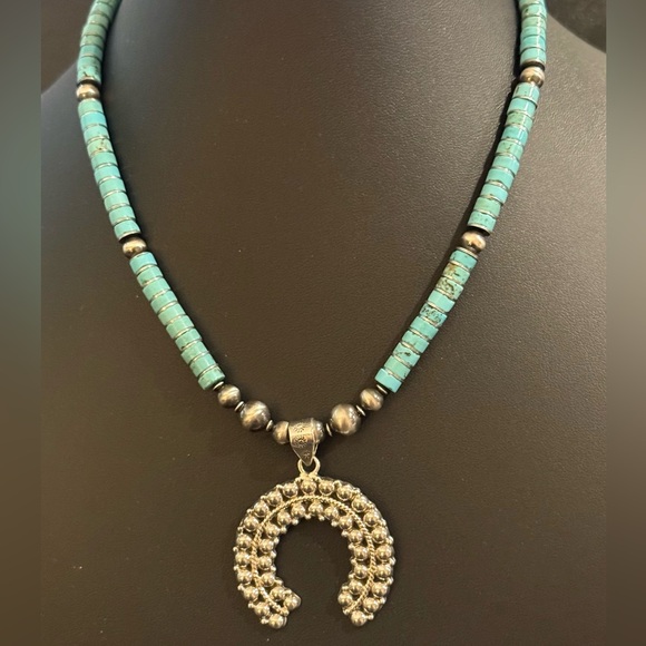 Southwestern Silver Styles Jewelry - Sterling Silver Navajo Pearls Turquoise Naja Squash Blossom Pendant Necklace